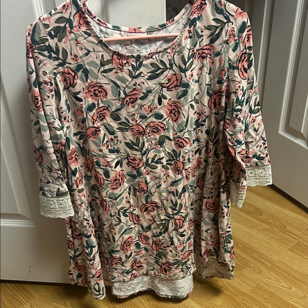 Woman Within Pink and Green Floral Tunic